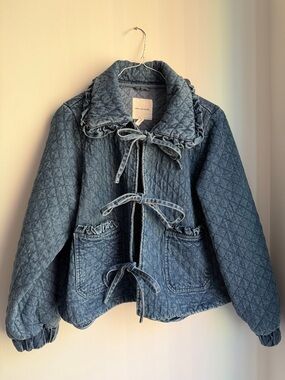 Anthropologie Denim Quilted Tie-Front Jacket - Blue
